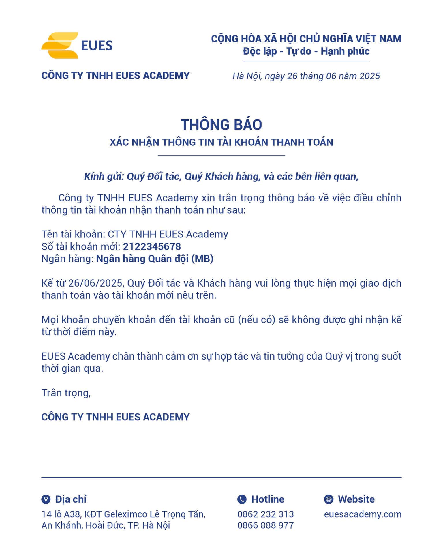 THÔNG BÁO XÁC NHẬN THÔNG TIN TÀI KHOẢN THANH TOÁN