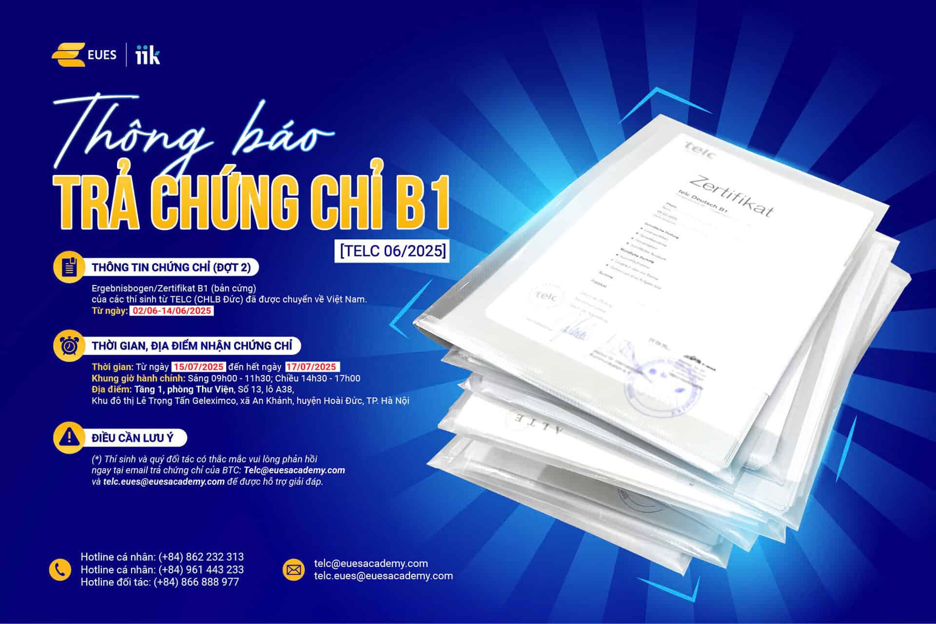 TRẢ CHỨNG CHỈ B1 TELC