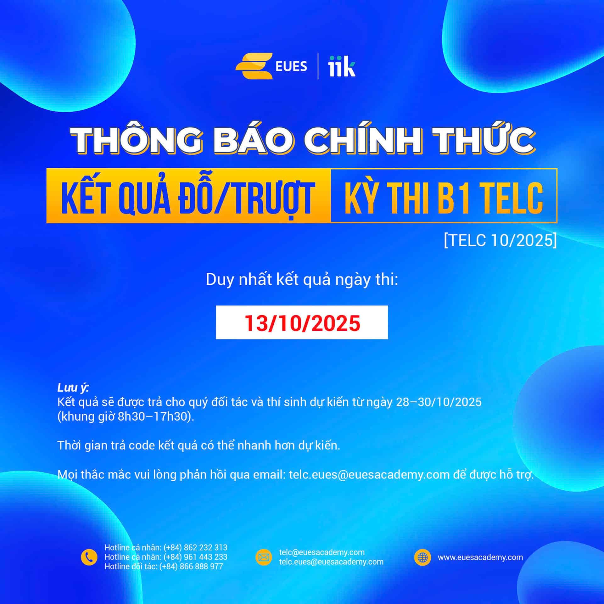 THÔNG BÁO KẾT QUẢ ĐỖ/TRƯỢT KỲ THI B1 TELC 